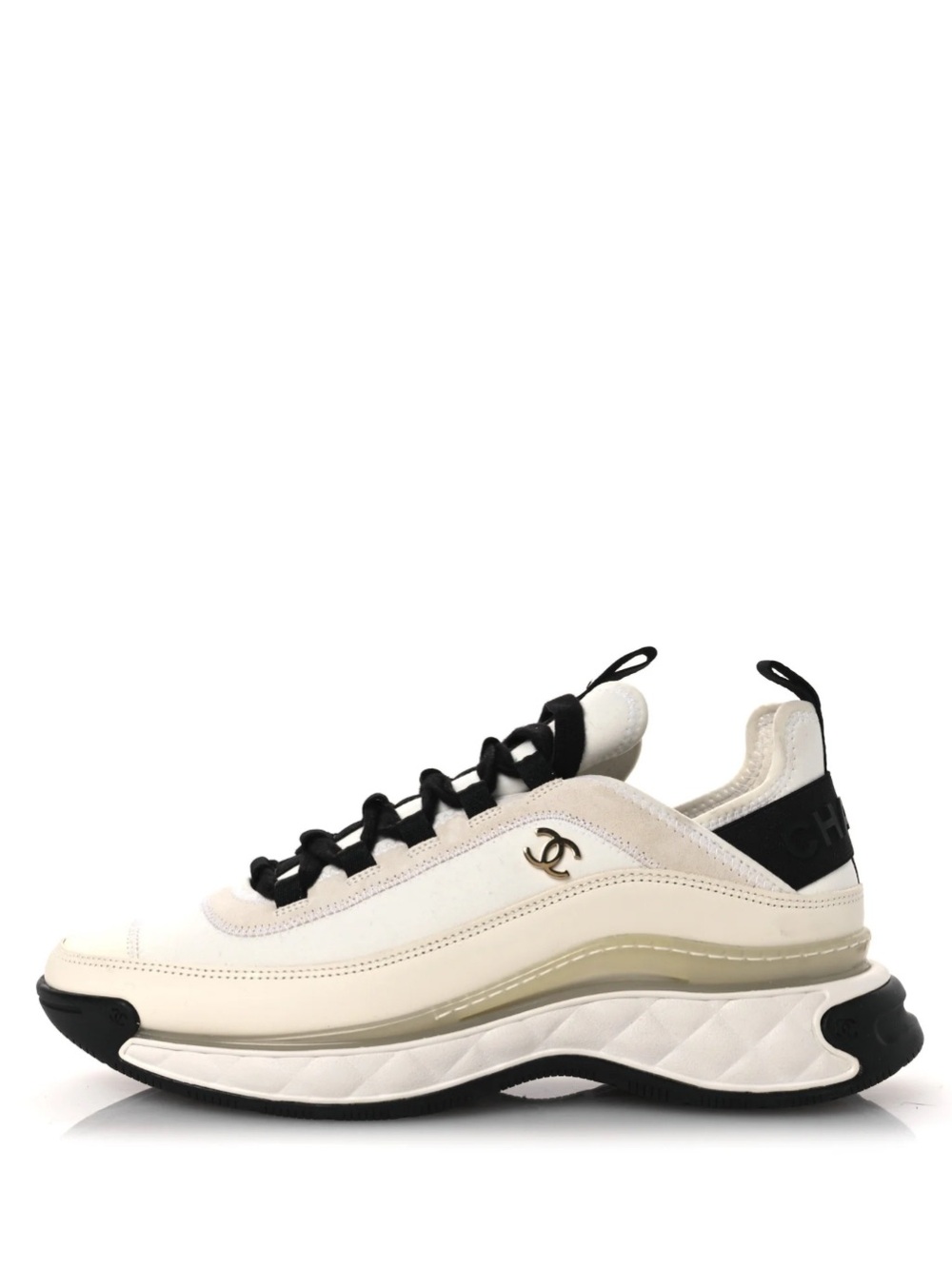 Womens CHANEL white ivory black Velvet Calfskin sneakers gold logo size 40 US 10